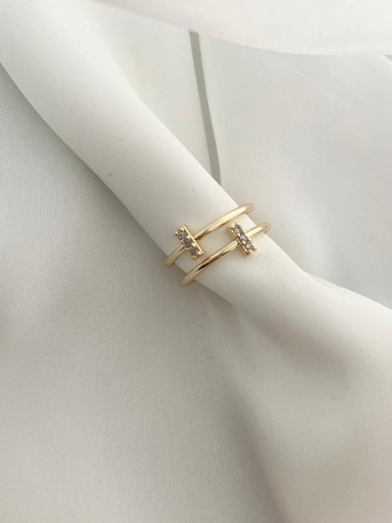 Çift şerit zirkon taşlı T yüzük