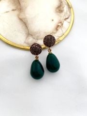 Bronz minimal yeşil akik taşlı küpe