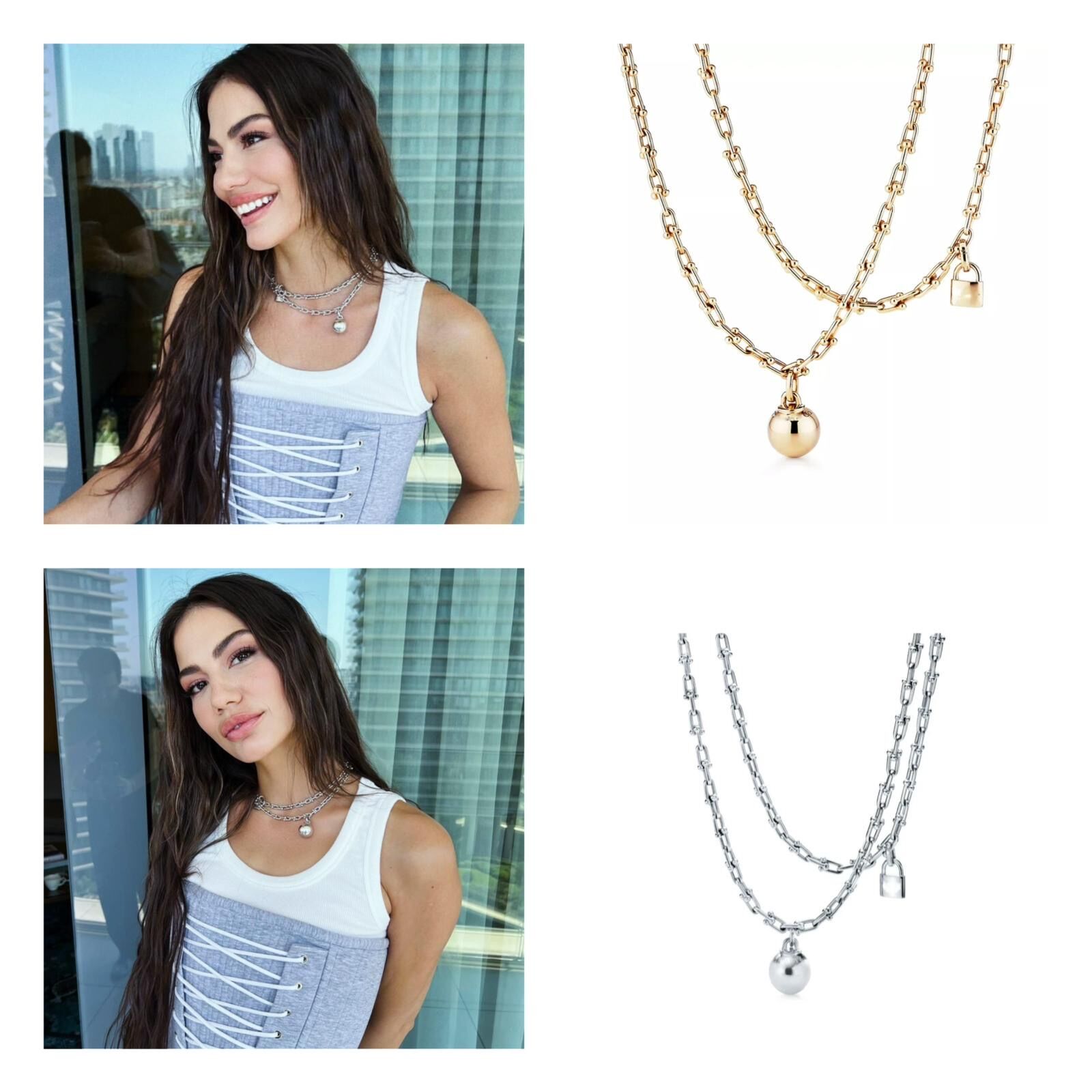 Classy kilit & top kolye çift zincir