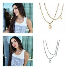 Classy kilit & top kolye çift zincir