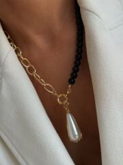 Siyah doğaltaş inci kolye