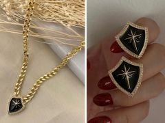 Siyah Mineli Rozet Küpe ve Küpe